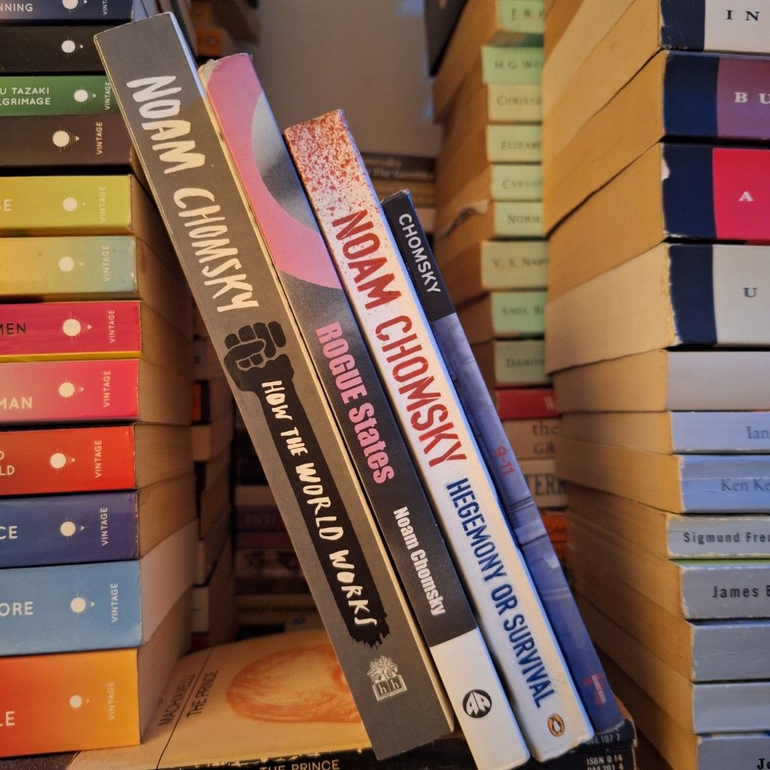 Noam Chomsky Set (Category: Storybooks) located in Makati City. Submitted by boyojack (Listing ID 1378633339, Image 1). Description: 9-11 - 200 hegemony or survival - 250 rogue states - 250 how the world works - 350 get all for 900 LOCATION: MAKATI MOP: GCASH, MAYA, METROBANK MOD: LALAMOVE, GOGOEXPRESS, J&T, LBC.
