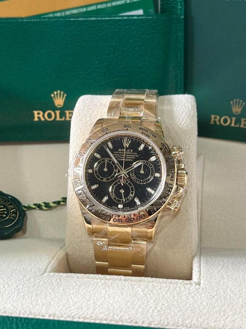 ROLEX DAYTONA SOLID YELLOW GOLD (Category: Luxury Watches) located in Pasig City. Submitted by tycoon.cars (Listing ID 1378605294, Image 1). Description: ROLEX DAYTONA SOLID YELLOW GOLD REF. 116508 Brand new/Unworn 2020 Model Black face Complete inclusions.