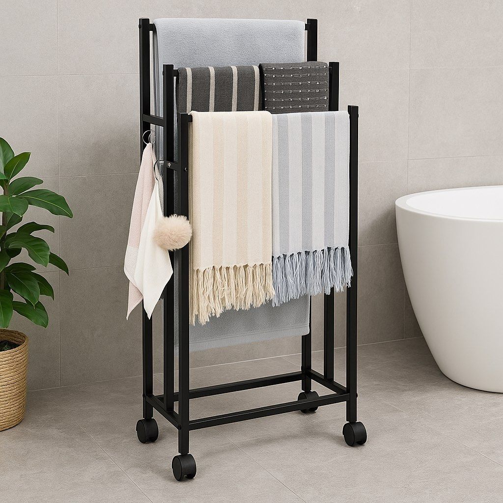[SG] Standing Towel Rack 3-Tier with Wheels – Stylish & Durable Clothes/Towels Rack for Bathroom, Bedroom, and More