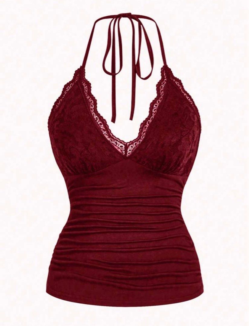 Shein Plus Size 2XL Red Maroon Y2K Ruched Cami Halter Top (Category: Sleeveless) located in Singapore. Submitted by kendallroysgf (Listing ID 1378676592, Image 1). Description: Brand new & never worn! Size 2XL (more measurements in 2nd pic) Mailing or meetup @ lakeside/boon lay mrt! <3.