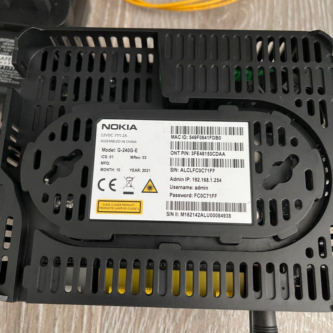 Singtel Nokia G-2400-E Optical Network Router (Category: Networking) located in Singapore. Submitted by apr1l (Listing ID 1378614450, Image 3). Description: Singtel Nokia G-2400-E Optical Network Router. Includes power adapter, ethernet cable, and fiber optic cable. It is in excellent condition, and ready to be set up. Comes as shown in photo. Selling as I no longer need it. Check out my other listings for WIFI 6 Mesh Extenders and Modem Conditio