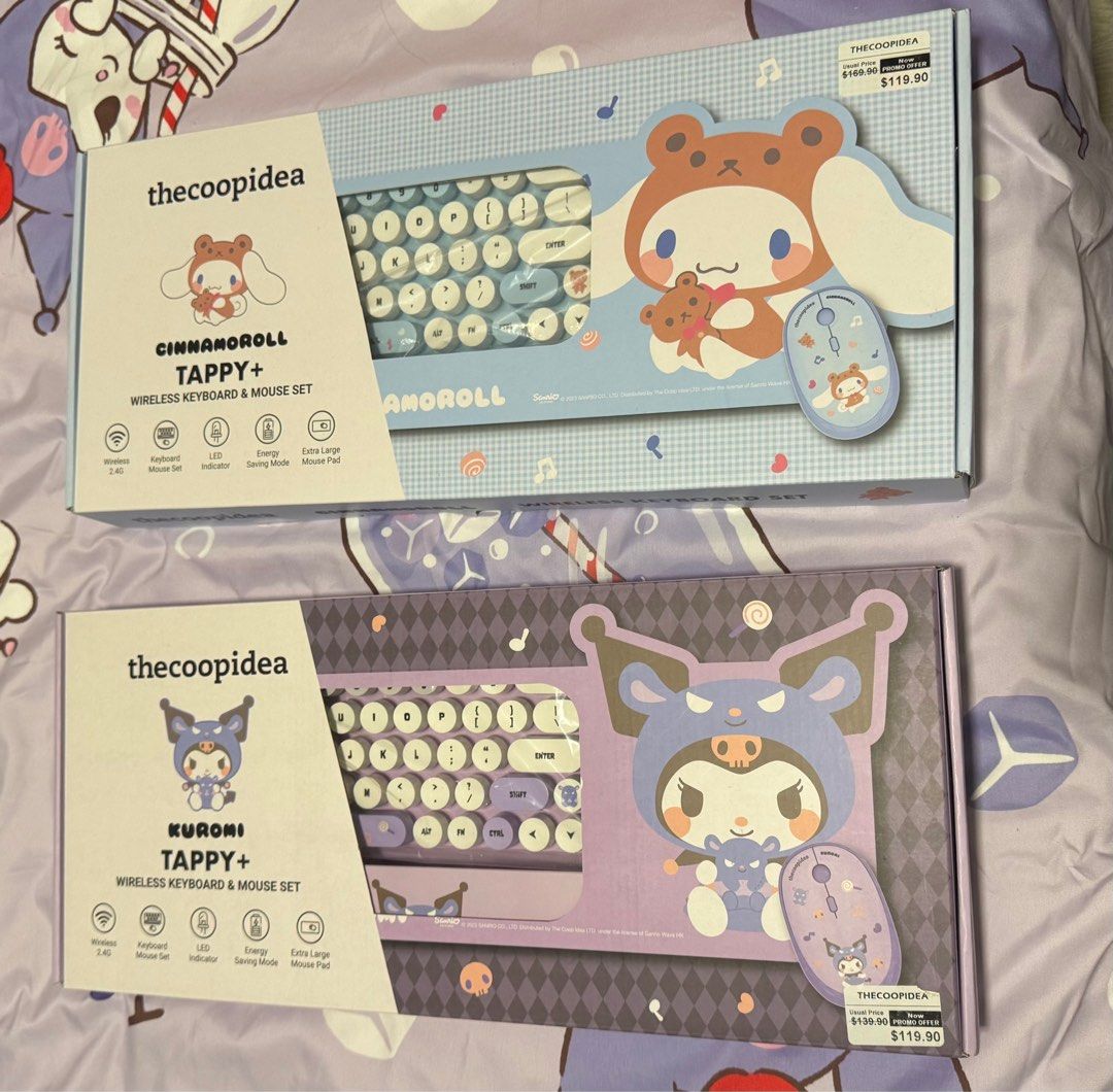Thecoopidea Keyboard Set (Kuromi & Cinnamon Roll) (Category: Computer Keyboard) located in Singapore. Submitted by hpuhputs7801855 (Listing ID 1378667800, Image 1). Description: Thecoopidea Keyboard Set (includes Keyboard, Mouse, Mousepad) - Kuromi: $119.90 (Brand New, Never Used Before) - Cinnamon Roll: $100 (Used once, Condition as good as new) Pm if interested, location negotiable .