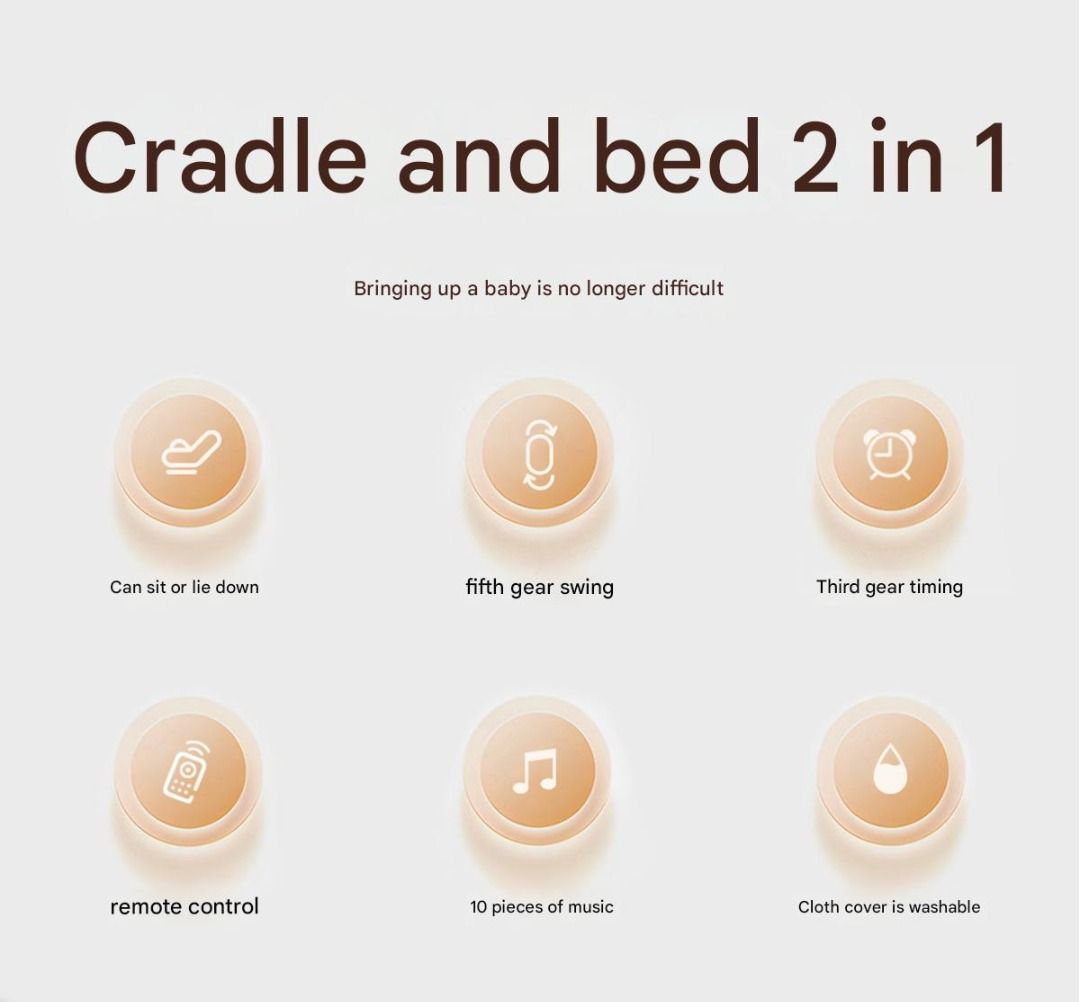 2-in-1 Smart Baby Cradle & Bed Electric Folding Automatic (Category: Parents, Babies, & Kids - Others) located in Sydney. Submitted by shoplyhub1 (Listing ID 1378769612, Image 3). Description: This DEAREST BABY cradle is a 2-in-1 design, functioning as both a cradle and a bed. Features include 5-speed swing adjustment, 2-level backrest adjustment, and a smart touch screen. It also has built-in music and Bluetooth connectivity. The cloth cover is 