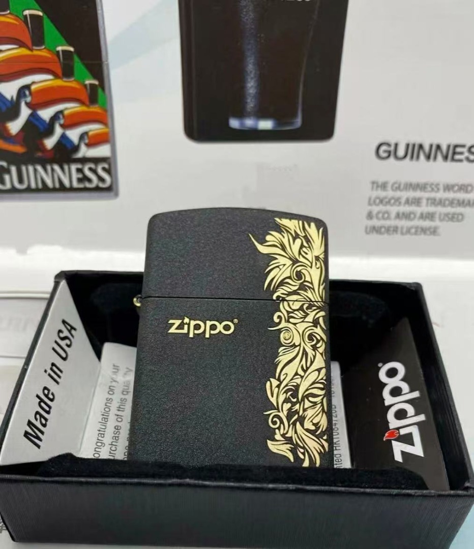 🌈 Zippo 黑磨砂富貴繁花圖案全新煤油打火機黑色, 興趣及遊戲