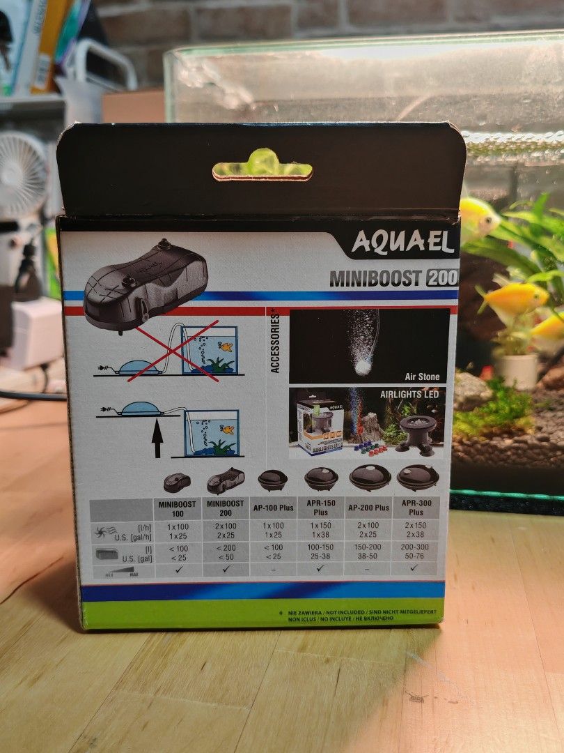 Fish tank Aquarium Air Pump (Category: Homes & Other Pet Accessories) located in Singapore. Submitted by danwhat (Listing ID 1378770490, Image 2). Description: only used for 1 week. too powerful for my little guppy tank. -made in Poland - AQUAEL MiniBoost 200 air pump - Quiet and durable operation - Comes with original packaging - Easy setup and use - Perfect for small to medium aquariums - Keeps your aquarium water oxygenated pick up at bukit pa