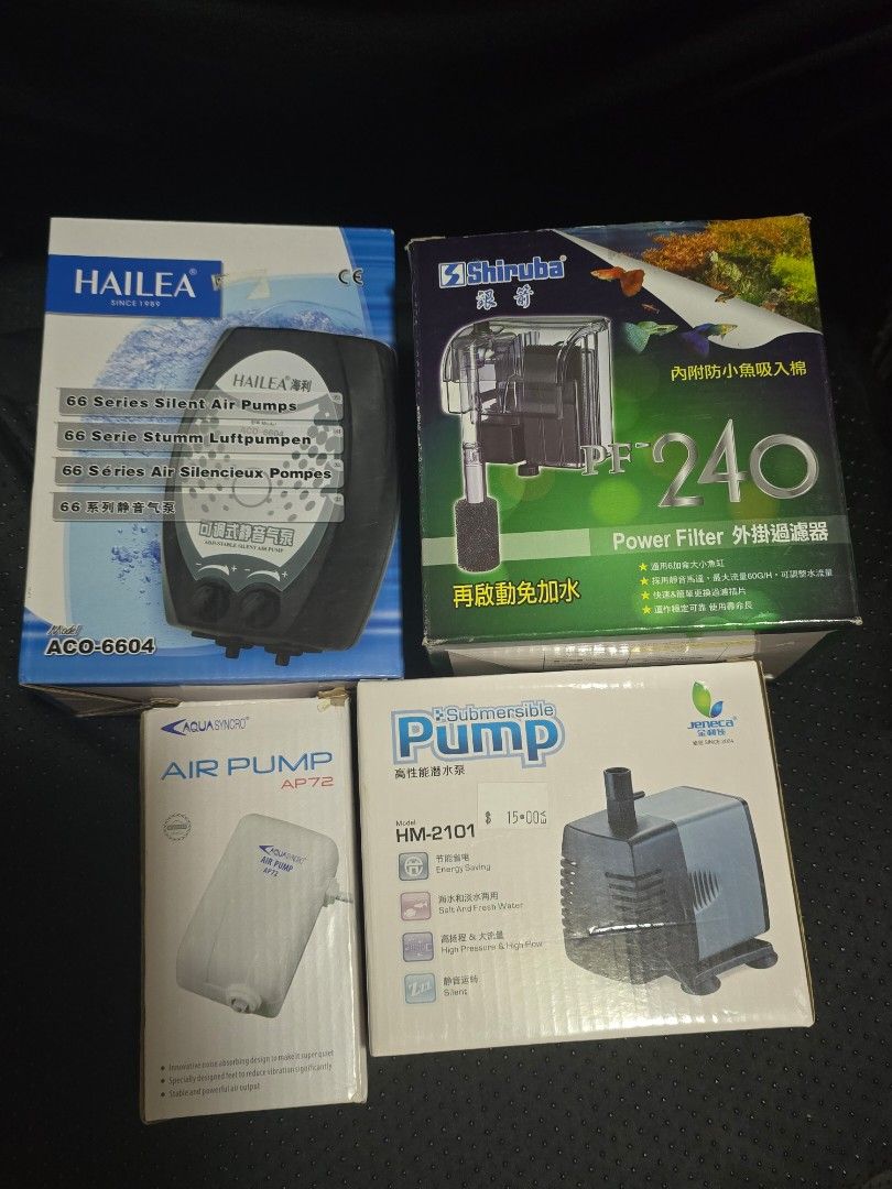 Aquarium Filters and Air Pumps (Category: Homes & Other Pet Accessories) located in Singapore. Submitted by j_fps (Listing ID 1378740205, Image 1). Description: -Jeneca HM2101 water pump $10 (like new) -Aquasyncro AP72 silent airpump $5 (like new) -Hailea ACO-6604 $15 (like new) I have smaller water pumps as well pm for info, all lightly used. - All items are new and in packaging..
