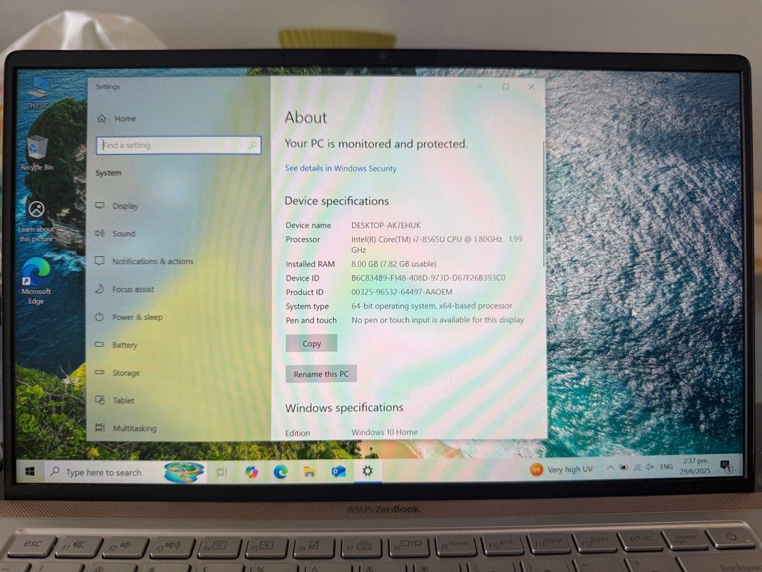 ASUS Zenbook 13 - Intel i7, 8GB RAM, Windows 10 (Category: Laptops & Notebooks) located in Singapore. Submitted by jazzy2269 (Listing ID 1378778301, Image 3). Description: ASUS Zenbook 13 laptop with Intel i7 processor and 8GB RAM. Features a sleek silver design and a 13-inch screen. Includes Windows 10 Home. The laptop is in good condition and has been well-maintained. Comes with original charger..