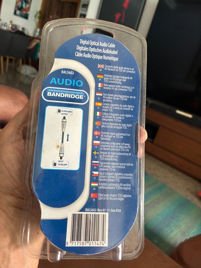 Bandridge Digital Optical Audio Cable (Category: Other Audio Equipment) located in Singapore. Submitted by caroubuyerseller123 (Listing ID 1378793125, Image 2). Description: Brand new Bandridge digital optical audio cable. 2.0m (6.6') long. Compatible with CD, DVD, Game, and AMP/RCVR devices. TOS Male to TOS Male connectors. Perfect for connecting your audio devices for high-quality sound..