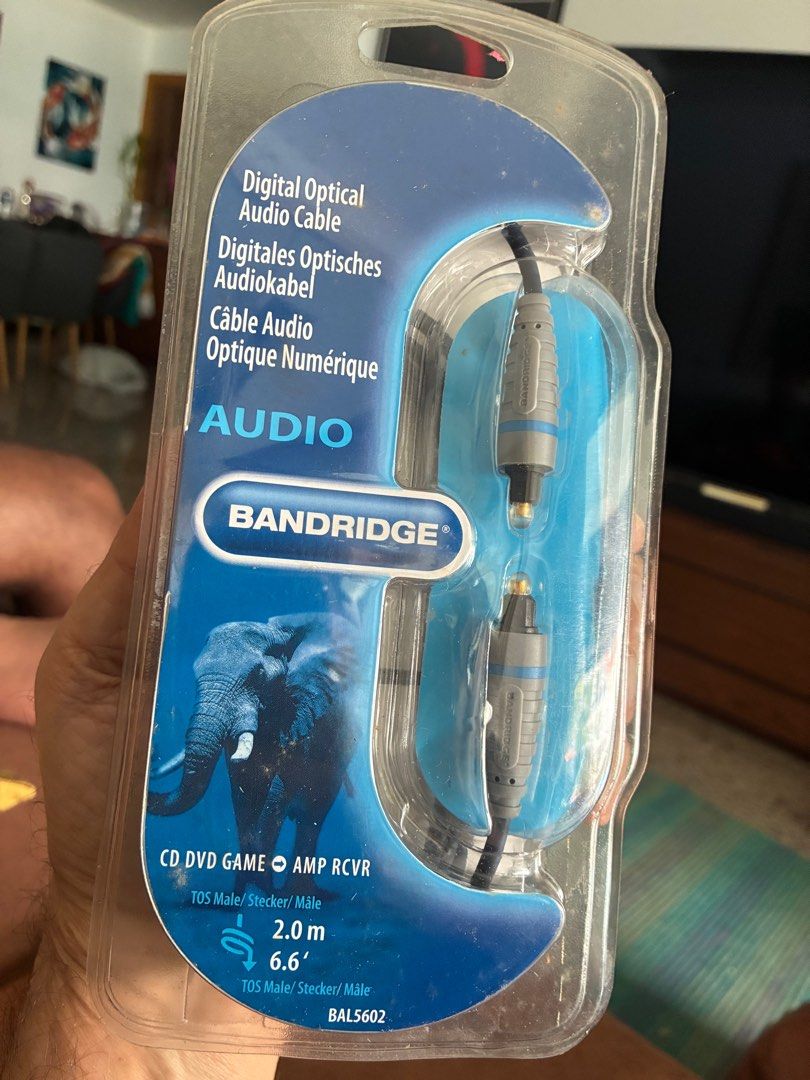 Bandridge Digital Optical Audio Cable (Category: Other Audio Equipment) located in Singapore. Submitted by caroubuyerseller123 (Listing ID 1378793125, Image 1). Description: Brand new Bandridge digital optical audio cable. 2.0m (6.6') long. Compatible with CD, DVD, Game, and AMP/RCVR devices. TOS Male to TOS Male connectors. Perfect for connecting your audio devices for high-quality sound..