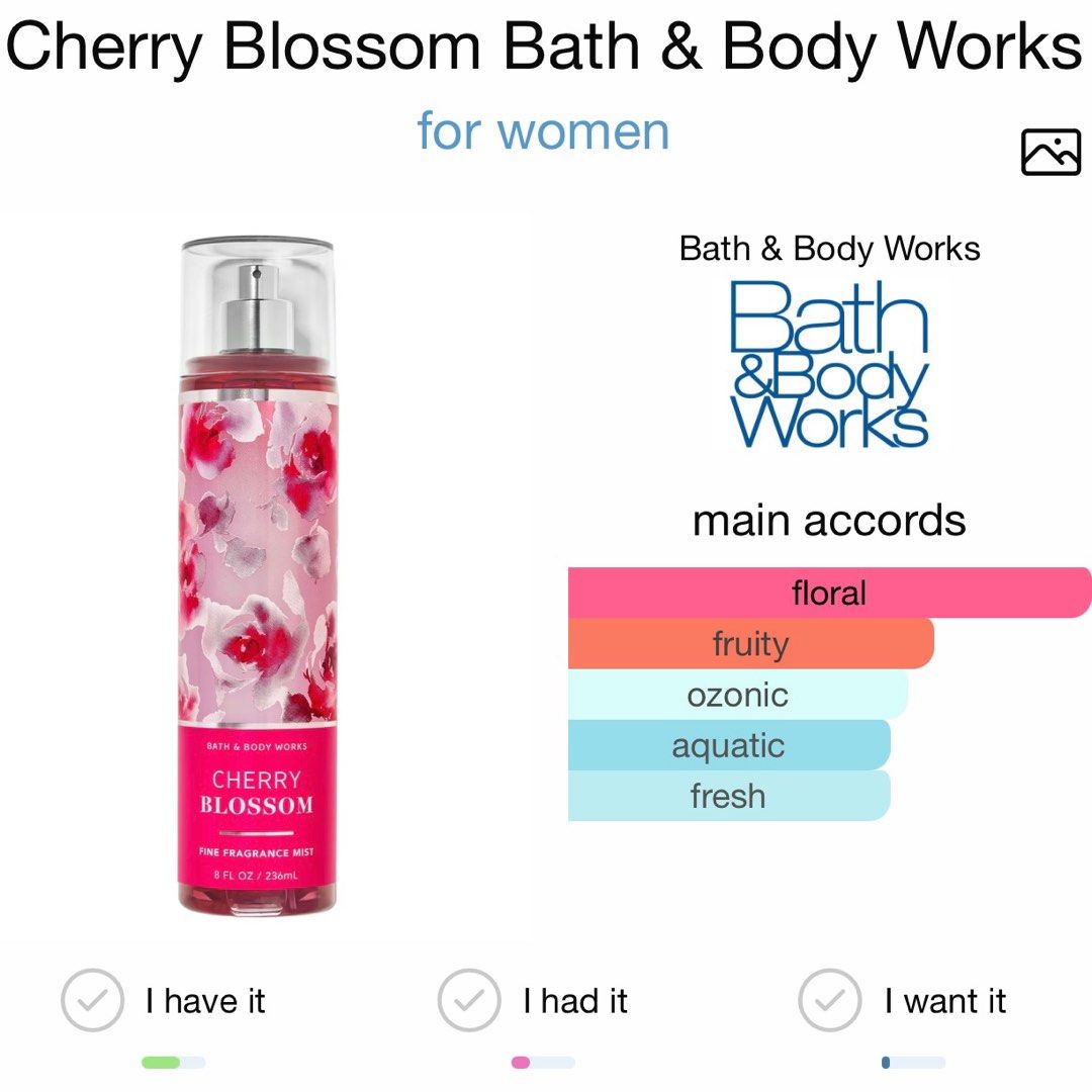 Cherry Blossom Bath & Body Works (Category: Fragrance & Deodorants) located in Makati City. Submitted by ally1914 (Listing ID 1378834357, Image 1). Description: Selling below SRP Rfs: decluttering.