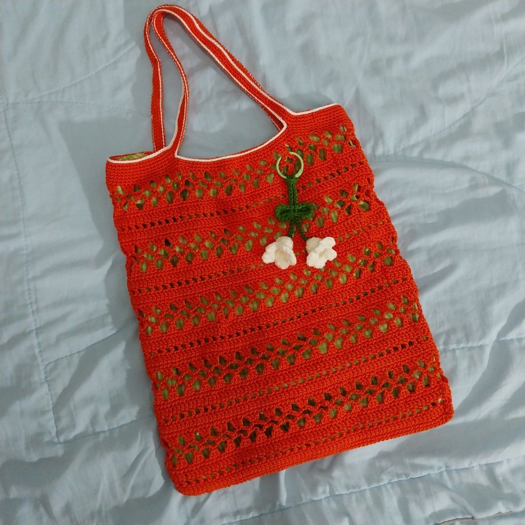crochet tote bag net bag tas piknik pantai rajut oranye, Fesyen