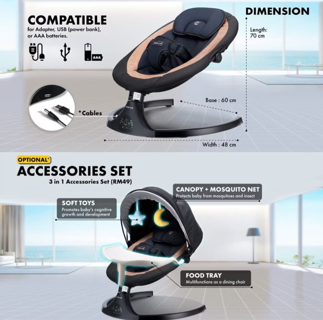 Crolla Baby Bouncer - Adjustable Backrest, Breathable Cushion (Category: Other Kids Furniture) located in Singapore. Submitted by ellap0t (Listing ID 1378817449, Image 3). Description: - Supports babies up to 12kg - Adjustable backrest for sitting and napping - Breathable cushion for temperature regulation - Power options: adapter, USB power bank, or AAA batteries - Includes remote control.