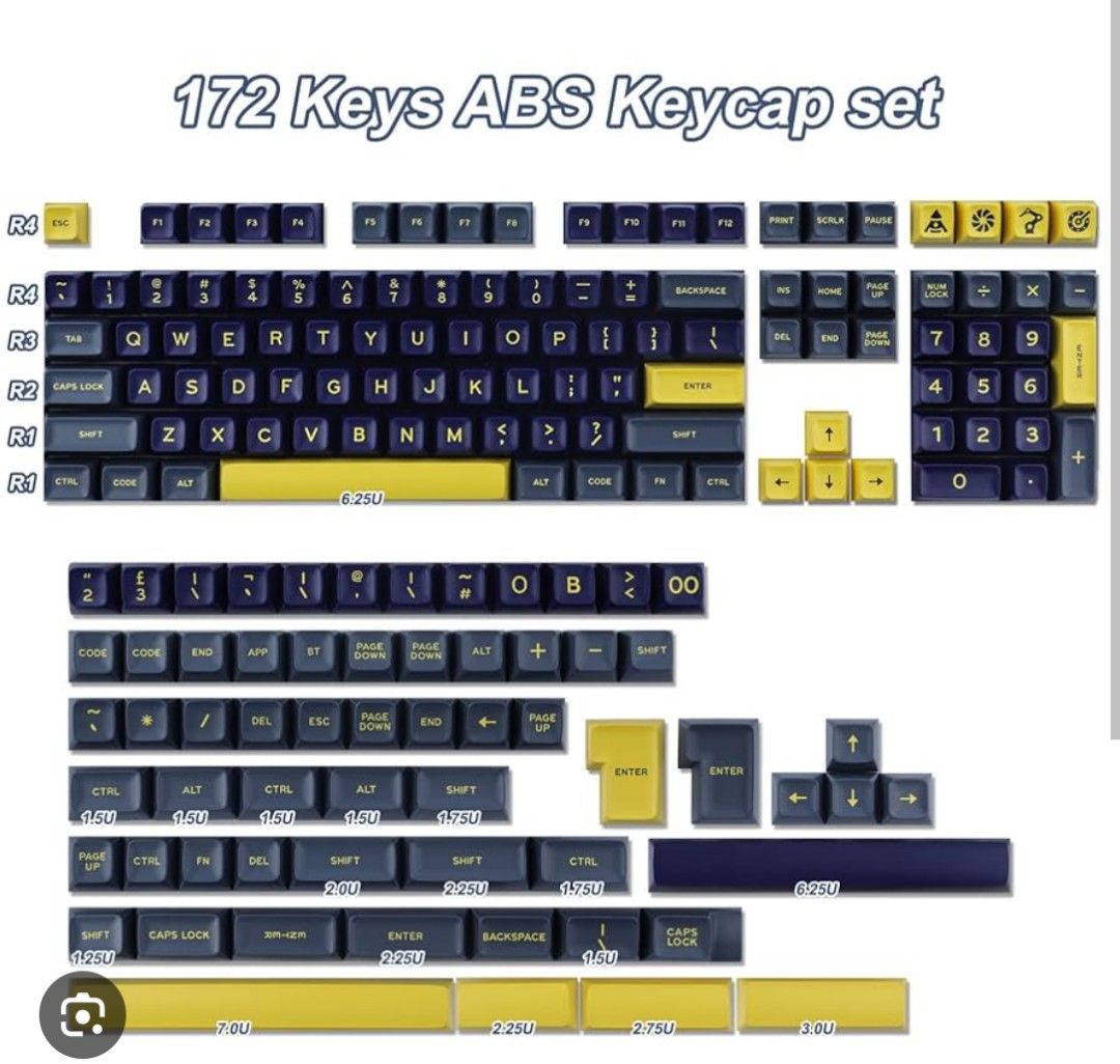 Custom Mechanical Keyboard Keycaps (Category: Computer Keyboard) located in Singapore. Submitted by twowentyfiveforty (Listing ID 1378790656, Image 2). Description: - Like new 172-key ABS keycap set SA Profile - Used very minimally. Less than 10 hours of usage - Navy blue and yellow color scheme - Includes all keys shown in the images - Ideal for mechanical keyboard customization .