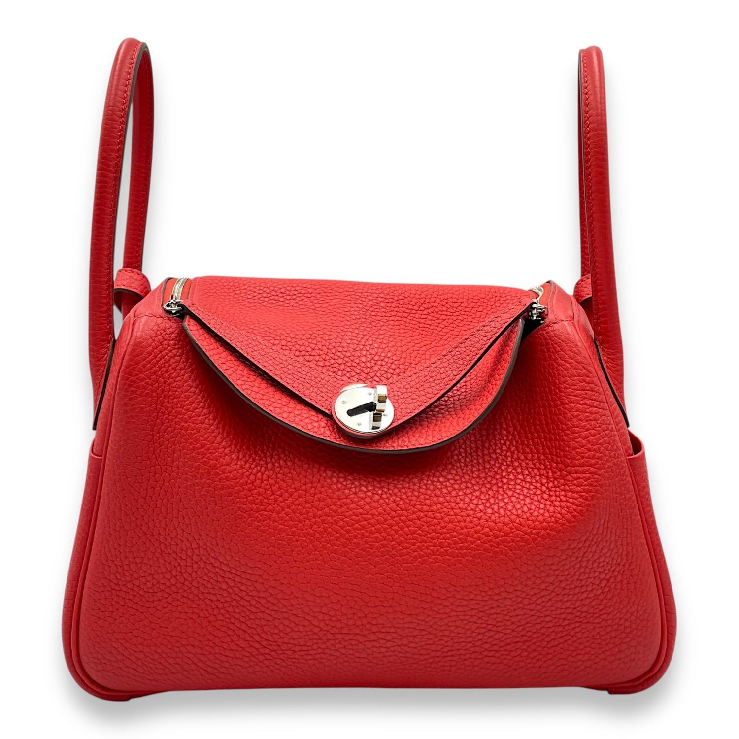 Hermès Lindy 26 Rouge Tomate in Clemence, Palladium hardware (Category: Bags & Wallets) located in Singapore. Submitted by luxlexicon (Listing ID 1378787677, Image 1). Description: SKU CL2507-13888 Brand Hermès Material Clemence Color Rouge Tomate Hardware Palladium Accessories Series X Root Category Bags Condition - Bottom Edge / Base / Bagfeet: Minor scuffing.