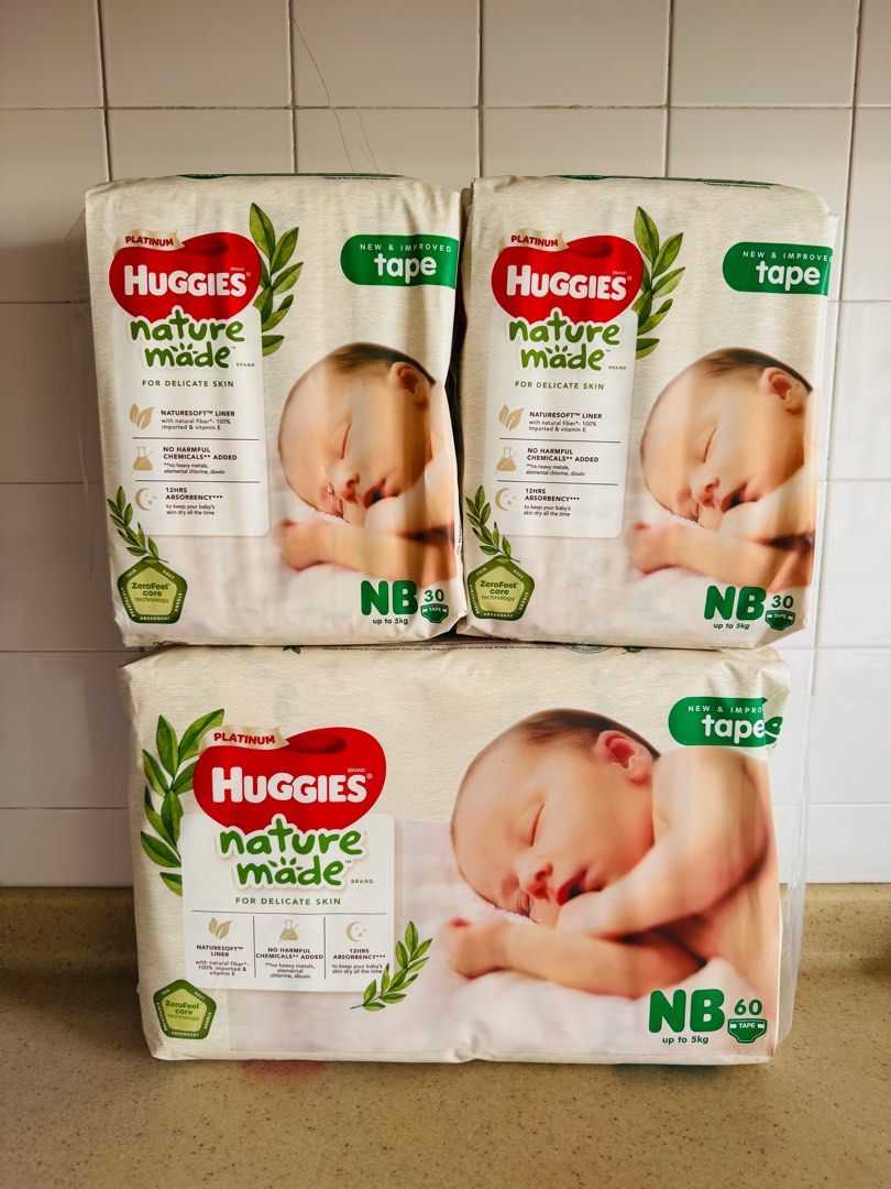 Huggies Naturemade NB Diapers (Category: Diapers & Baby Wipes) located in Singapore. Submitted by vilimestore (Listing ID 1378818235, Image 1). Description: Total 120 diapers .