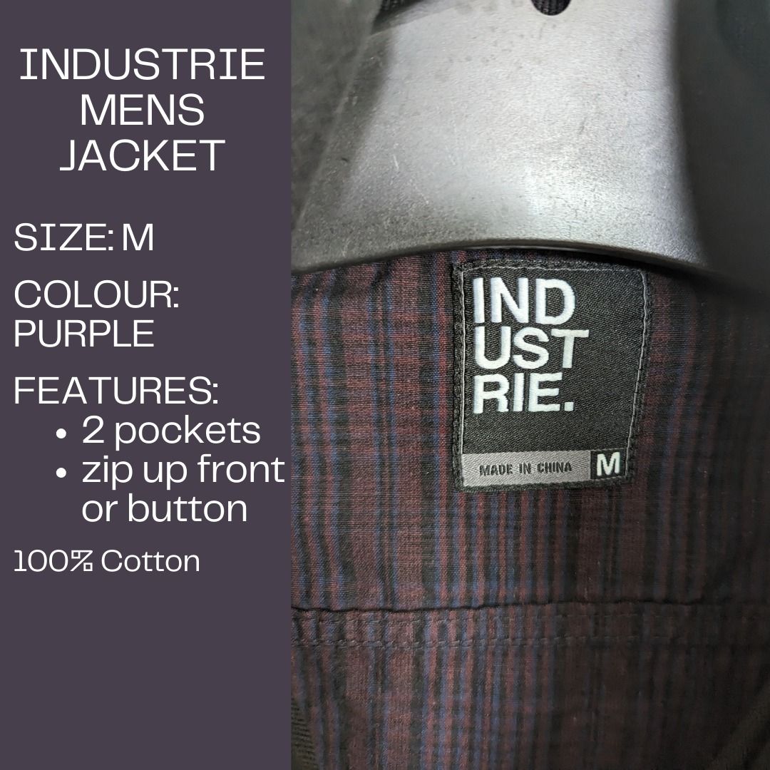 Jacket - Size Medium - Industrie (Category: Men's Clothes) located in Dandenong. Submitted by adzy_closet_cleanup (Listing ID 1378776610, Image 3). Description: Mens Jacket Brand: Industrie Size: Medium Colour: Purple Features: - 2 pockets - zip up front Material: 100% Cotton.