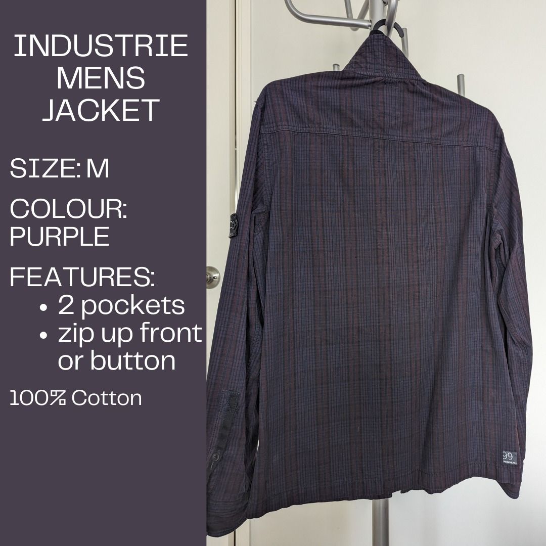 Jacket - Size Medium - Industrie (Category: Men's Clothes) located in Dandenong. Submitted by adzy_closet_cleanup (Listing ID 1378776610, Image 2). Description: Mens Jacket Brand: Industrie Size: Medium Colour: Purple Features: - 2 pockets - zip up front Material: 100% Cotton.