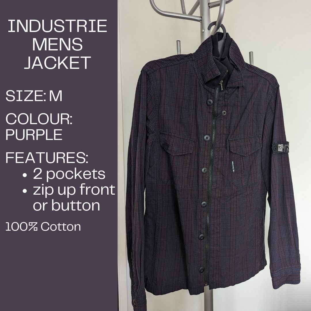 Jacket - Size Medium - Industrie (Category: Men's Clothes) located in Dandenong. Submitted by adzy_closet_cleanup (Listing ID 1378776610, Image 1). Description: Mens Jacket Brand: Industrie Size: Medium Colour: Purple Features: - 2 pockets - zip up front Material: 100% Cotton.