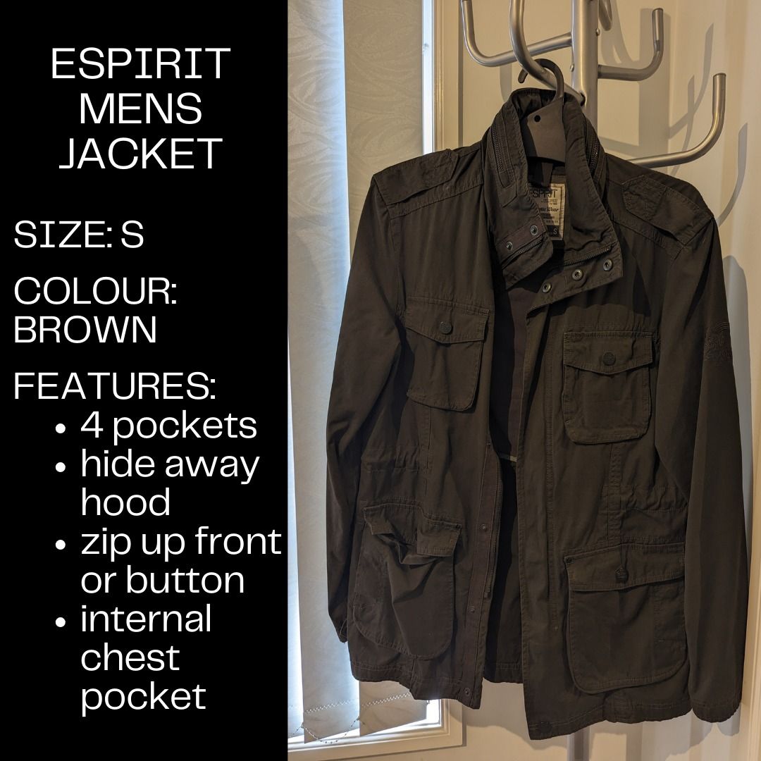 Jacket - Size Small - Esprit (Category: Men's Clothes) located in Dandenong. Submitted by adzy_closet_cleanup (Listing ID 1378775432, Image 1). Description: Mens Jacket Brand: Esprit Size: Small Colour: Brown Features: - 4 pockets - hideaway hood - zip up front or button - internal chest pocket.
