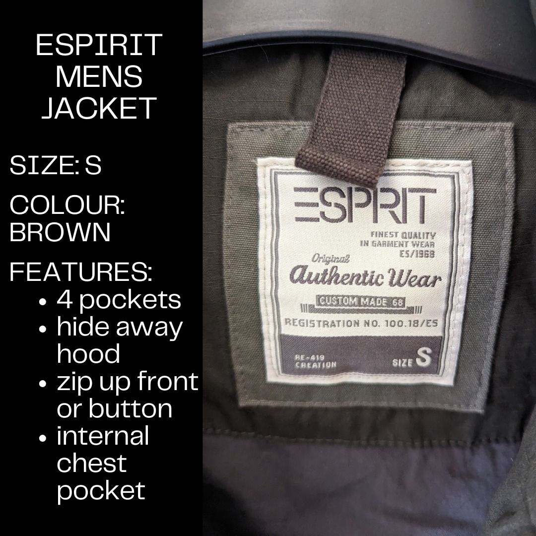Jacket - Size Small - Esprit (Category: Men's Clothes) located in Dandenong. Submitted by adzy_closet_cleanup (Listing ID 1378775432, Image 3). Description: Mens Jacket Brand: Esprit Size: Small Colour: Brown Features: - 4 pockets - hideaway hood - zip up front or button - internal chest pocket.
