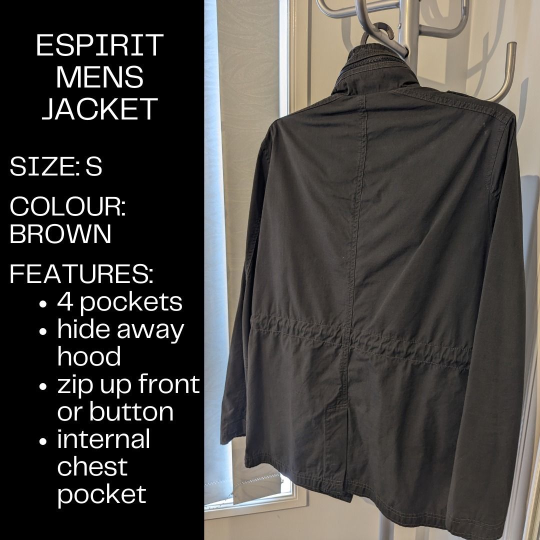 Jacket - Size Small - Esprit (Category: Men's Clothes) located in Dandenong. Submitted by adzy_closet_cleanup (Listing ID 1378775432, Image 2). Description: Mens Jacket Brand: Esprit Size: Small Colour: Brown Features: - 4 pockets - hideaway hood - zip up front or button - internal chest pocket.