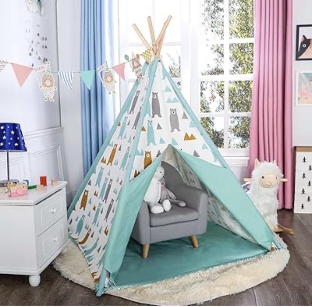 Kids Teepee Tent with Bear Design (Category: Other Kids Furniture) located in Singapore. Submitted by herculechic (Listing ID 1378831367, Image 1). Description: Adorable kids teepee tent featuring a cute bear pattern. Includes wooden poles and fabric cover. Easy to assemble and perfect for indoor play. Great condition, ready for a new home!.