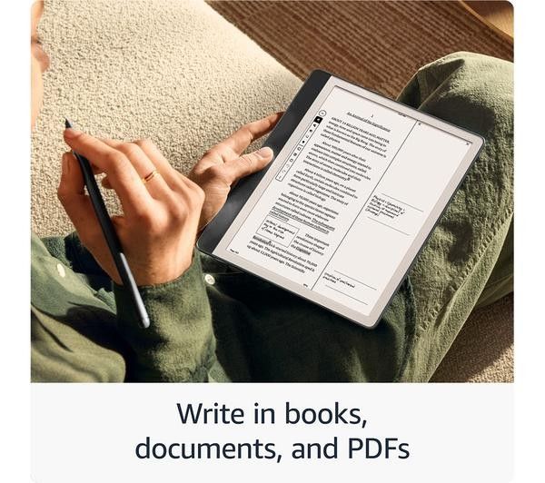 Kindle Scribe (2024 model) 64GB Tungsten (Category: E-Readers) located in Singapore. Submitted by sgdeals.gc (Listing ID 1378918381, Image 3). Description: The Kindle Scribe 2024 64GB Tungsten is a premium e-reader and digital notebook featuring a large 10.2-inch glare-free E Ink display with high resolution, delivering crisp and clear text ideal for extended reading and note-taking. It has a redesigned flush-front display with uniform white bord