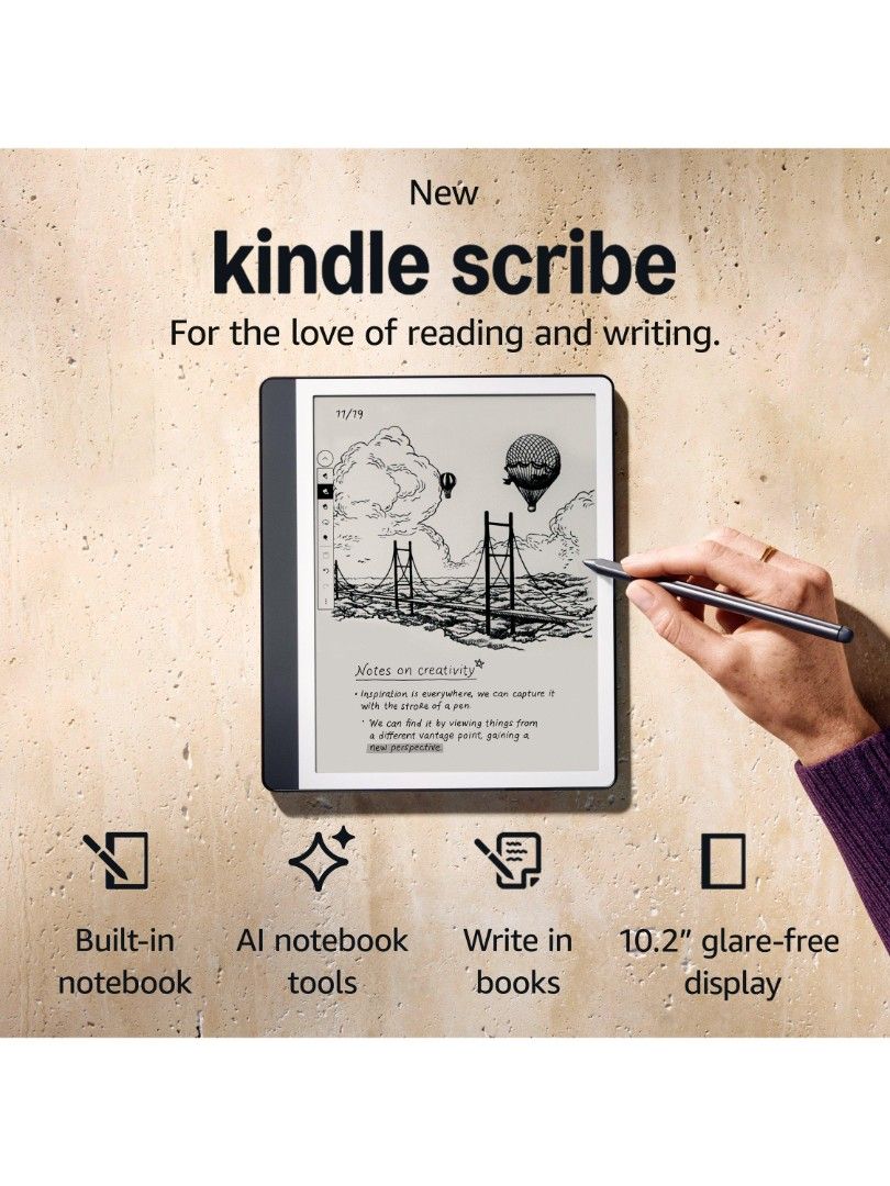 Kindle Scribe (2024 model) 64GB Tungsten (Category: E-Readers) located in Singapore. Submitted by sgdeals.gc (Listing ID 1378918381, Image 1). Description: The Kindle Scribe 2024 64GB Tungsten is a premium e-reader and digital notebook featuring a large 10.2-inch glare-free E Ink display with high resolution, delivering crisp and clear text ideal for extended reading and note-taking. It has a redesigned flush-front display with uniform white bord