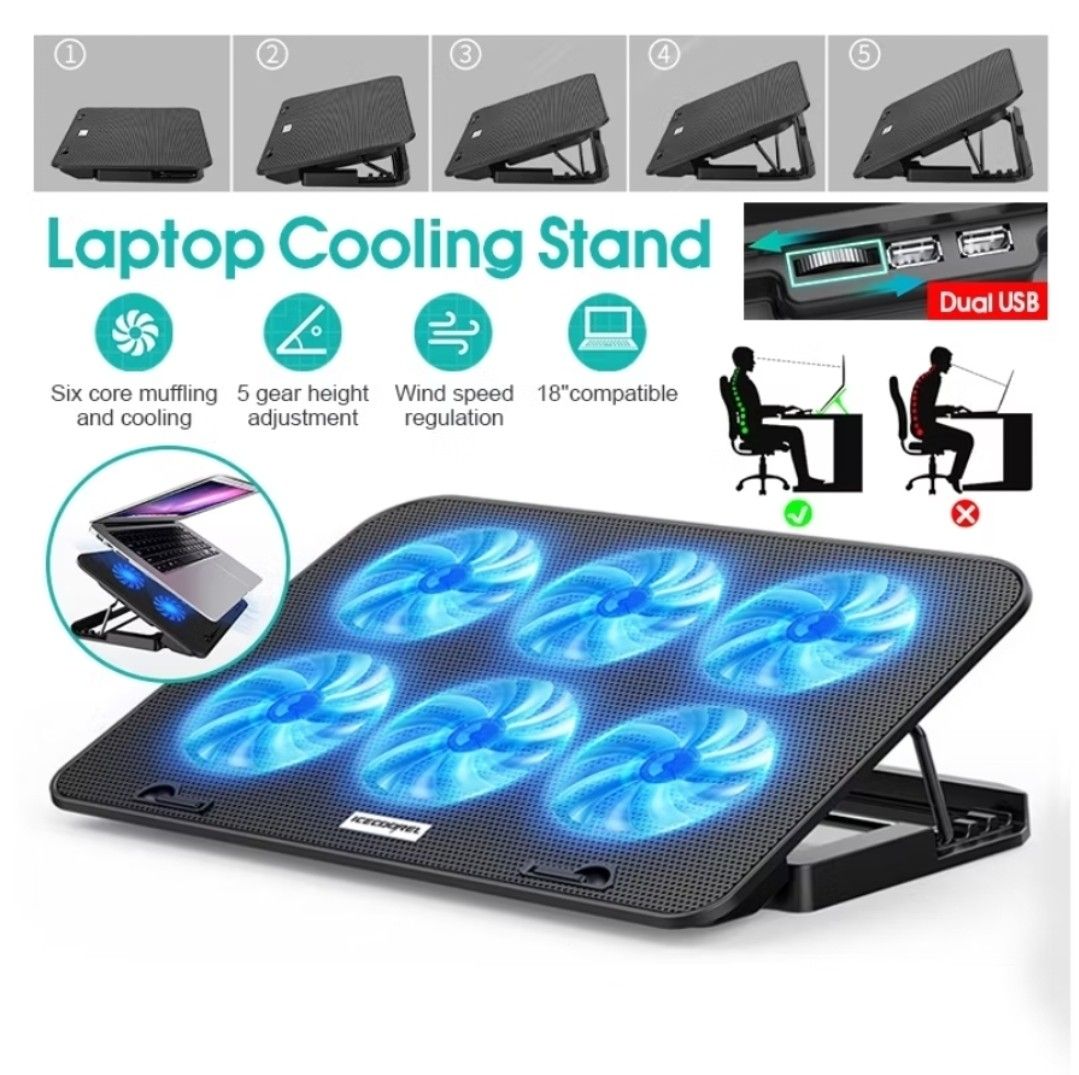 Laptop cooling stand 6x60mm cooling fans adjustable height fan laptop cooler gaming office work low noise dual USB adjustable fan speed etc (Category: Other Accessories) located in Singapore. Submitted by luminarionline (Listing ID 1378747804, Image 1). Description: dimensions are in the pictures fits up to 17in laptops USB power supply pm if you have any questions FREE 1-3 DAY DELIVERY 🚚.