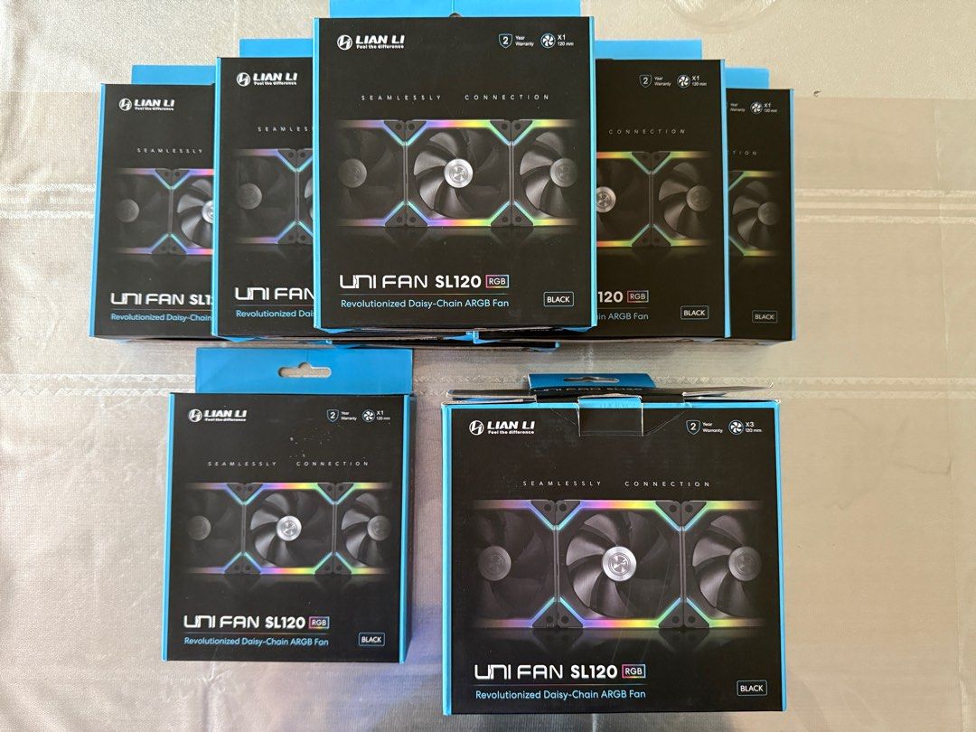 Lian Li UNI FAN SL120 V1 - 10 Fans with Controller (Category: Computer Parts) located in Singapore. Submitted by xoulz (Listing ID 1378779331, Image 2). Description: Get all for $120 Total of 10 Fans with one lian li controller Full set Accessories. In Good working Condition. Except 1 fan RGB working intermittently. Self Collect at - 67021x - Pending LRT - Ubi MRT.