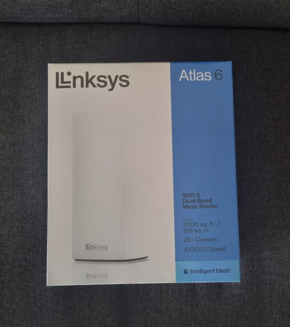 Linksys Atlas 6 WiFi 6 Dual-Band Mesh Router (Category: Networking) located in Singapore. Submitted by Awesome (Listing ID 1378742823, Image 1). Description: - Brand new Linksys Atlas 6 WiFi 6 Mesh Router - Covers up to 2000 sq ft / 185 sq m - Supports 25+ devices - AX3000 Speed - Easy setup and control via Linksys app.