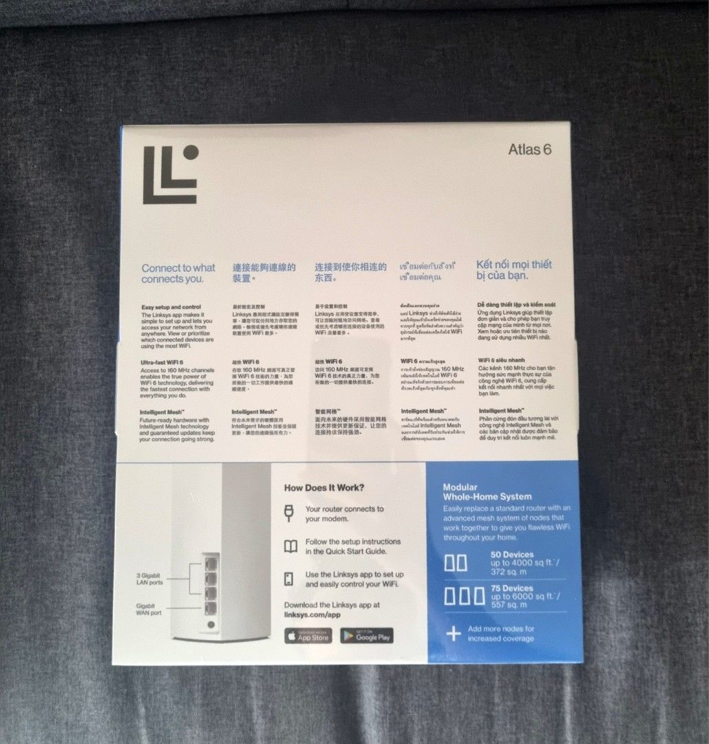 Linksys Atlas 6 WiFi 6 Dual-Band Mesh Router (Category: Networking) located in Singapore. Submitted by Awesome (Listing ID 1378742823, Image 2). Description: - Brand new Linksys Atlas 6 WiFi 6 Mesh Router - Covers up to 2000 sq ft / 185 sq m - Supports 25+ devices - AX3000 Speed - Easy setup and control via Linksys app.