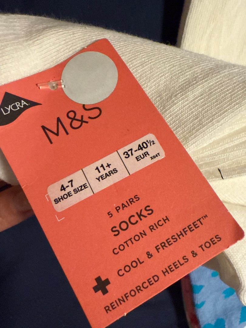 M&S Cotton Rich Socks - 5 Pairs - Size 4-7 (Category: Babies & Kids Fashion) located in Singapore. Submitted by stylealways (Listing ID 1378868768, Image 2). Description: - Brand new M&S cotton-rich socks - 9 pairs included - Features 'cool & fresh feet' technology - Fits shoe sizes 4-7 （37.5 euro-40 euro） - Suitable for ages 11+ to teenager and adult - Each pair has a unique coloured heel and toe design.