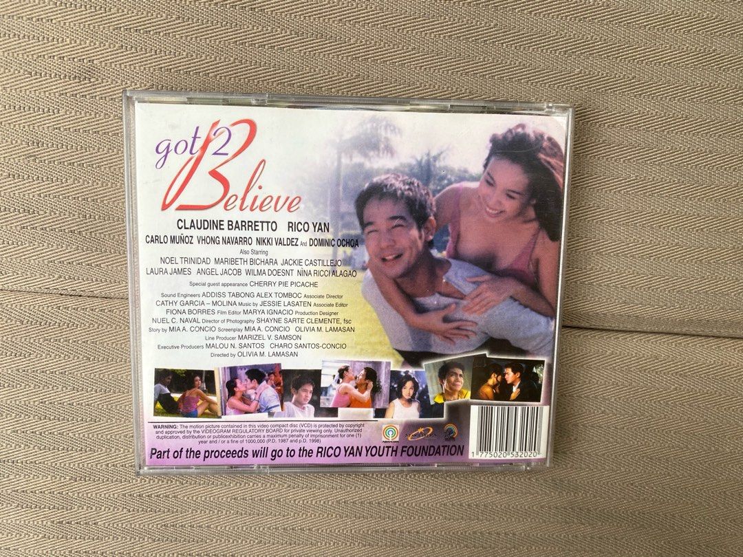 Original GOT 2 BELIEVE movie VCD (Category: CDs & DVDs) located in Quezon City. Submitted by boxercup (Listing ID 1378920628, Image 2). Description: Hard to find copy For the die hard fans of GOT 2 BELIEVE stars Claudine Barretto and Rico Yan. Original copy, Philippine released Pickup at QC Shipping at buyers expense Make an offer .