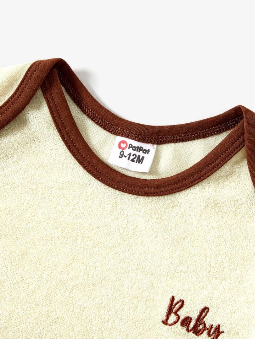 PAT PAT SERIES Baby Bodysuit - 3-6 Months (Category: Babies & Kids Fashion) located in Singapore. Submitted by mightyfuse (Listing ID 1378912348, Image 2). Description: Adorable baby bodysuit from PatPat. Features a cream-colored terrycloth fabric with brown trim and embroidered "Baby" text. Size 3-6 months. Perfect for your little one!.