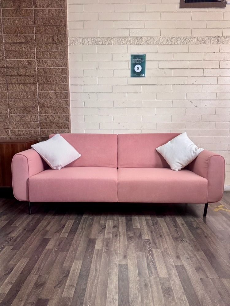 Sample Stella 3 Seater Sofa Pink & Teal Colour Selling in Half Price (Category: Furniture) located in Melbourne. Submitted by priceworthfurniture (Listing ID 1378763831, Image 2). Description: Price down from $1,499.99 to only $750 This is a sample items already assembled. Ex display item. No damage. Crafted with a durable wood frame and upholstered in a delightful pink fabric, this sofa exudes elegance and comfort. Spacious three-seater configur
