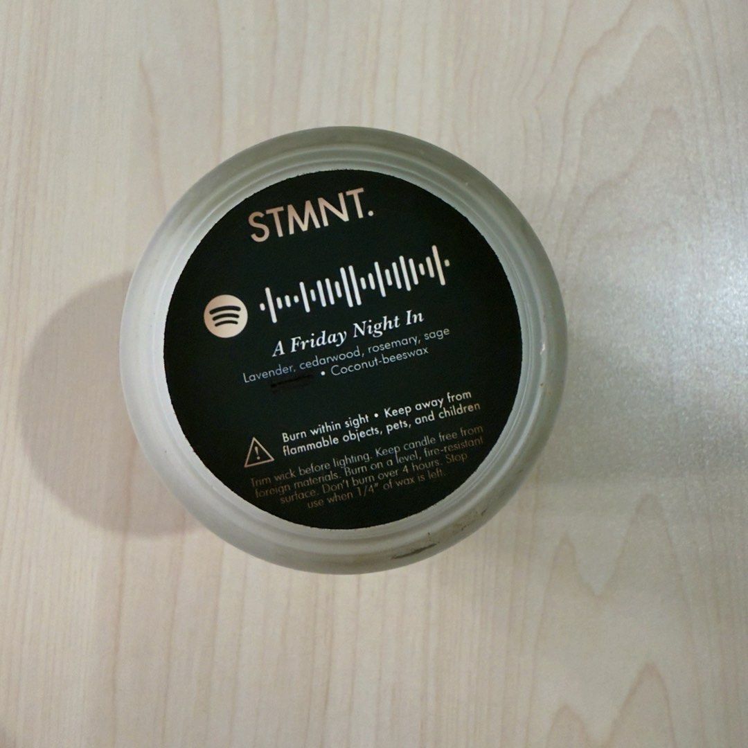 STMNT A Friday Night In Scented Candle (Category: Home Fragrance) located in Las Pinas. Submitted by saebisells (Listing ID 1378831567, Image 2). Description: Lavender | cedarwood | rosemary | sage | Coconut-beeswax You can scan the QR for the playlist. ☺️ This candle is a vibe! .