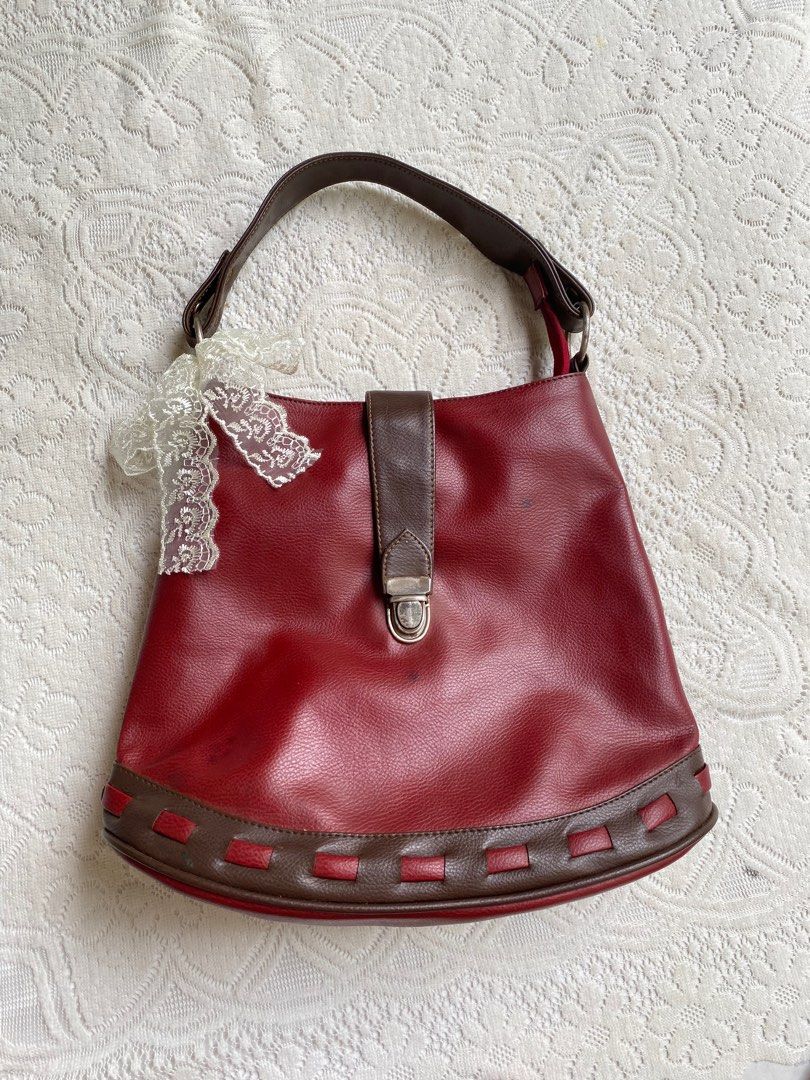 Vintage Maroon Brown Leather Bucket Hobo Tote Bag