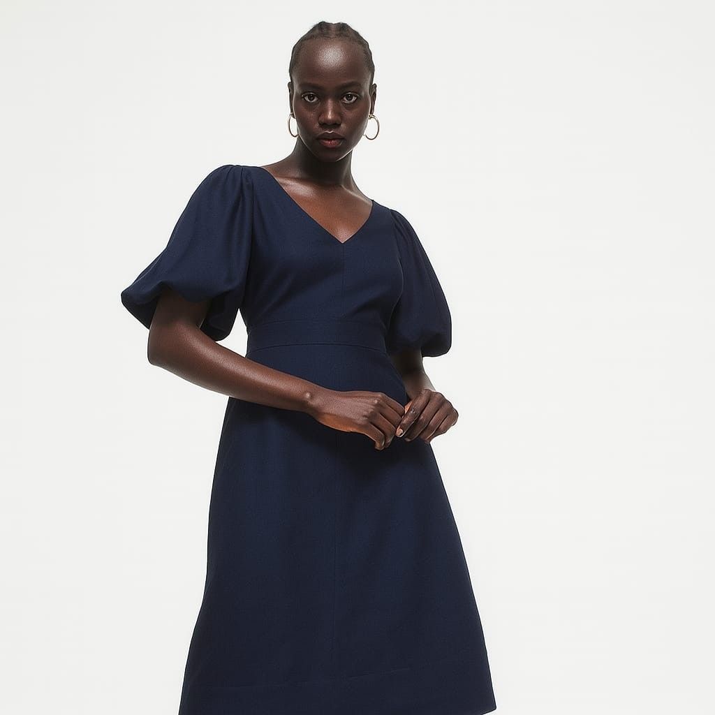 WITCHERY NAVY BLUE MIDI DRESS (Category: Women's Clothes) located in Sydney. Submitted by demescloset1 (Listing ID 1378876704, Image 2). Description: BRAND NEW WITH TAGS WITCHERY MIDI DRESS Navy Blue RRP: $179.95 Size 8 Elegant, fitted midi dress with volume sleeves In a structured fit A-line silhouette V neckline Short blouson sleeves with elasticated cuffs Fixed waistline Straight hem Invisible zip closure at back Fully lined Designed in Melbou