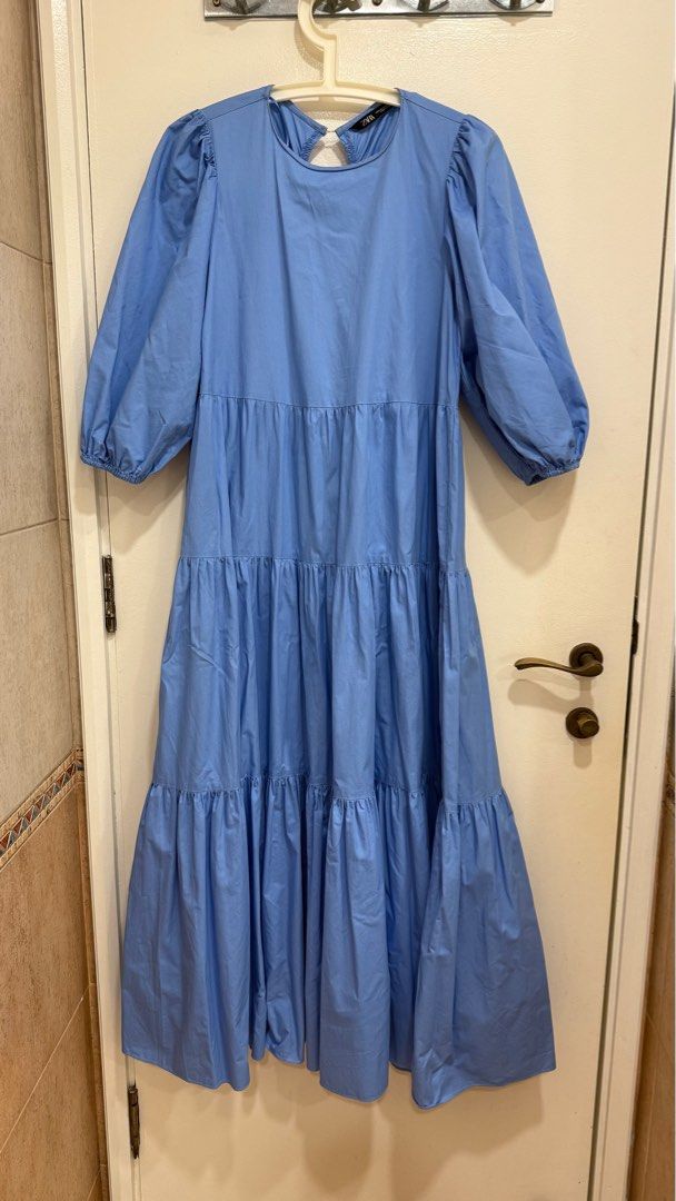 Zara Sky Blue Tiered Dress with Puff Sleeves, Women's Fashion, Dresses & Sets, Dresses on Carousell