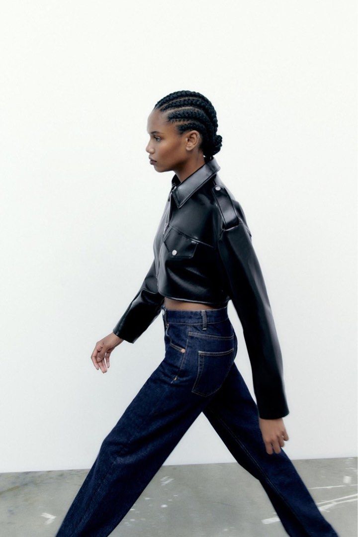 Zara Women's Faux Leather Vegan Cropped Biker Motorcycle Coat