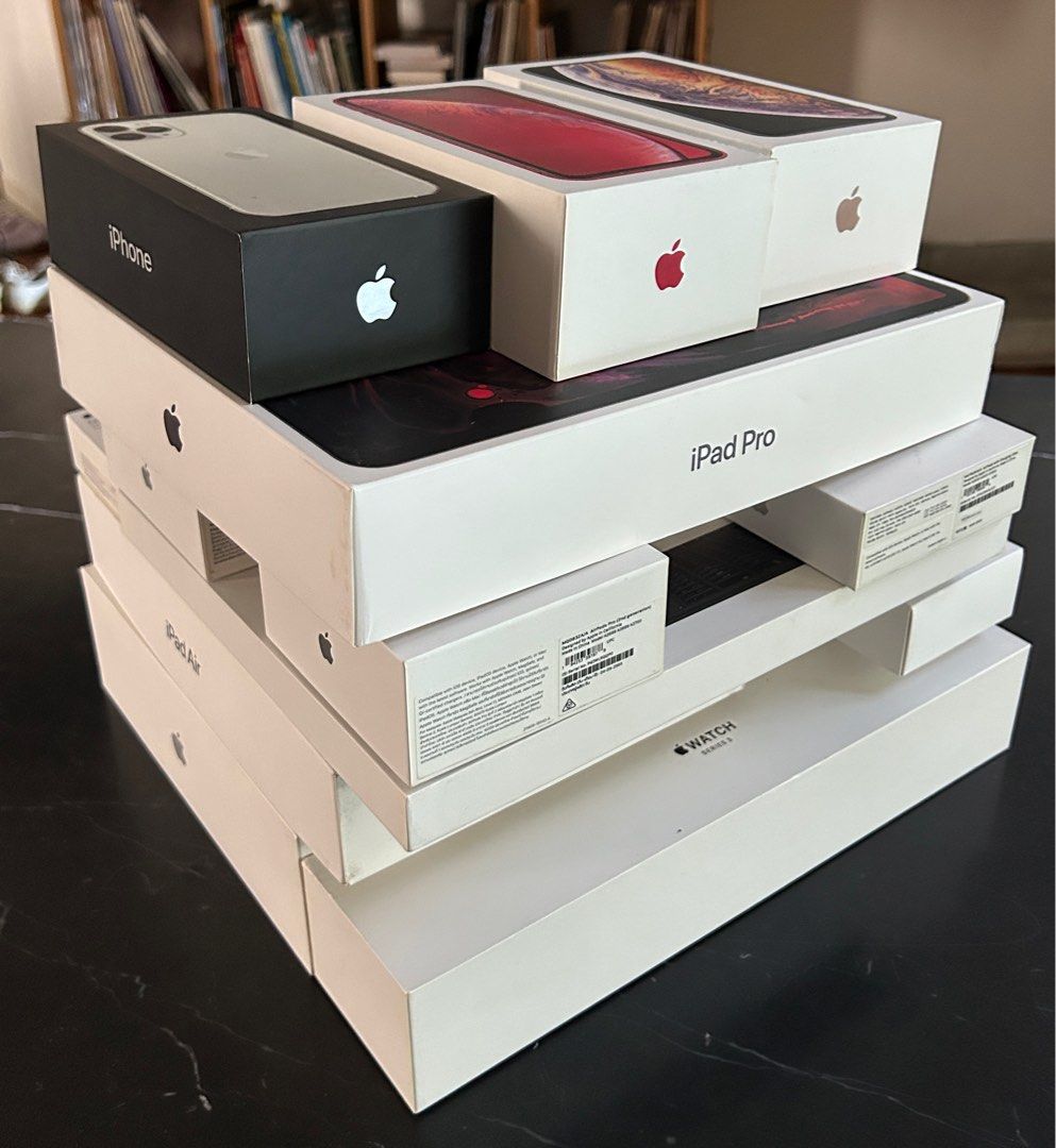 $4 Apple Empty boxes x 16 - All Authentic Apple (Category: Other Gadgets) located in Singapore. Submitted by happymew_upsai (Listing ID 1378994061, Image 2). Description: Selling empty boxes of Apple products. These are all authentic original boxes accumulated over the years, sitting in the store room taking up space. Boxes are decent condition but neither new more flawless. Some have manuals and stickers still inside, some don’t. Just assume emp