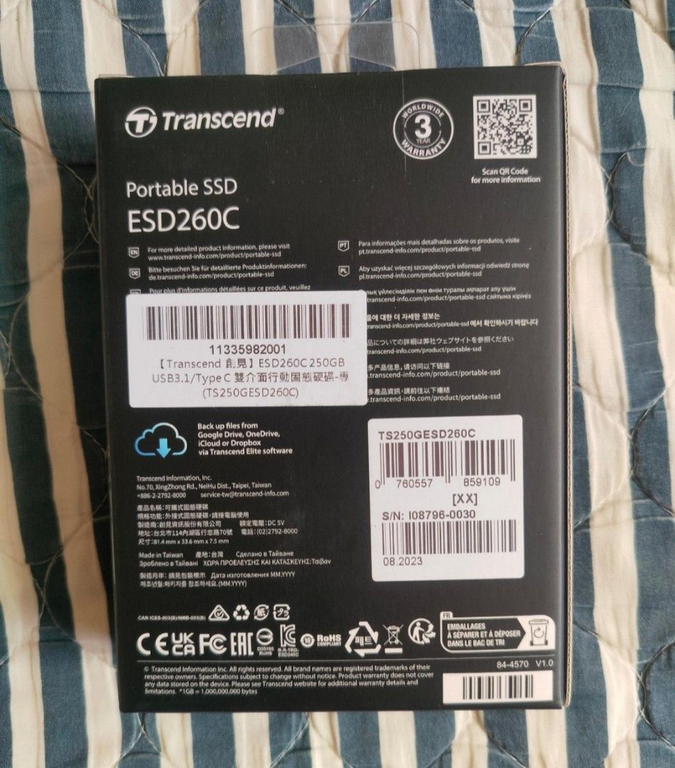 由 java2null (刊登 ID 1379049711，圖片 2) 提交，位於 台中市 (Taichung) 的 全新 創見 Transcend ESD260C 250G 外接SSD USB3.1 Type C 隨身碟 隨身硬碟 (類別：硬碟及儲存裝置)，說明：全新未拆封。