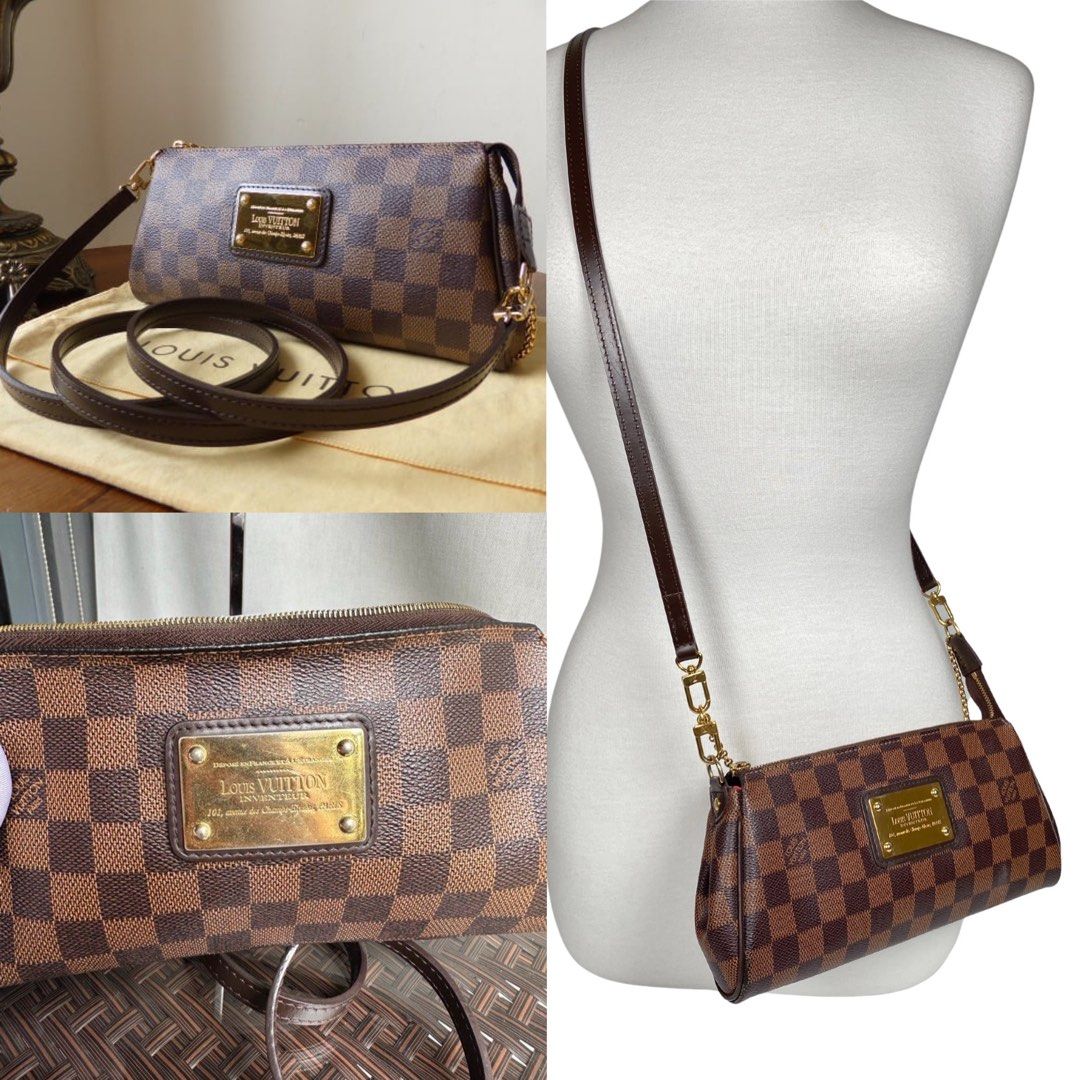 [ DEAL] Louis Vuitton Eva Clutch Damier Ebene Crossbody Pochette Bag Authentic Vintage (Category: Bags & Wallets) located in Singapore. Submitted by giantgiantic (Listing ID 1378934568, Image 3). Description: Lightly used Hardly reached out to this clutch. Selling to clear space Code: AA2150 Comes with crossbody strap and bag only No box or card Approx Measurements: 25x13x 4 (cm) Condition: 8.5/10 [ DEAL] Louis Vuitton Eva Clutch Damier Ebene Cro