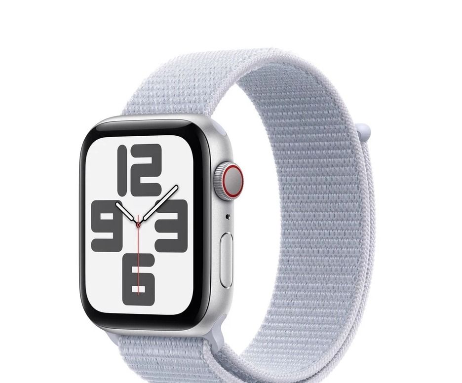 Apple Watch SE (Silver, with Light Blue Sport Loop) 44mm (Category: Wearables & Smart Watches) located in Singapore. Submitted by trustsac (Listing ID 1379109258, Image 1). Description: Stylish Apple Watch SE in silver with a light blue sport loop band. 44mm sports loop..