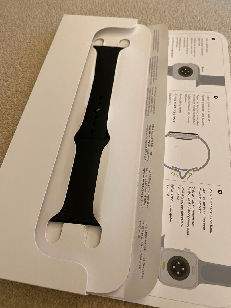 Apple Watch Sport Band - Black - 45mm/44mm/42mm (Category: Wearables & Smart Watches) located in Singapore. Submitted by i1400586390179 (Listing ID 1379097100, Image 3). Description: Brand new Apple Watch Sport Band in black. This band is the M/L size and fits 45mm, 44mm, and 42mm Apple Watch models. The band is still in its original packaging, never been used. Perfect for a gift or to upgrade your watch. I got this as a gift, but the strap i use
