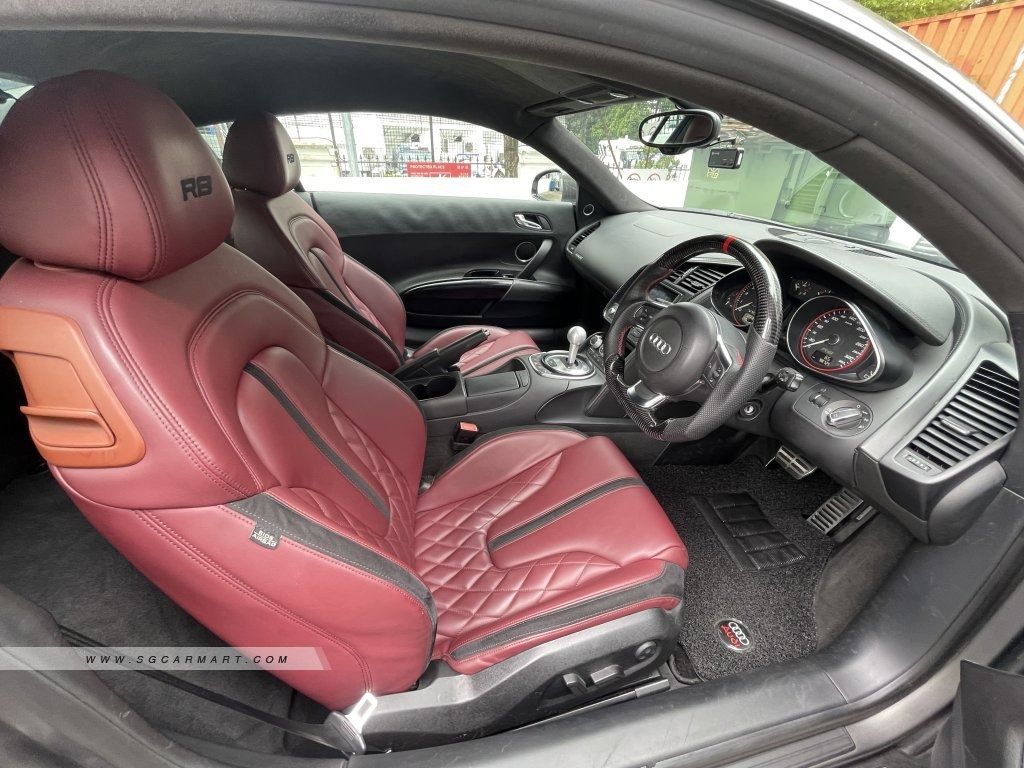 Audi R8 Coupe 5.2 FSI quattro S-tronic (A) (Category: Used Cars) located in Singapore. Submitted by easy_motor (Listing ID 1379101068, Image 2). Description: Car Model Audi R8 5.2A FSI Quattro R-tronic (COE till 01/2030) Asking Price $139,800 Depreciation $30,740 /yr Registration Date 22 Jan 2010 COE Remaining 4yrs 6mths 15days Engine Capacity 5,204 cc Gear Auto Fuel Type Petrol Mileage 98,720 km No. of Owners More than 6 Vehicle Features 5.2L V1