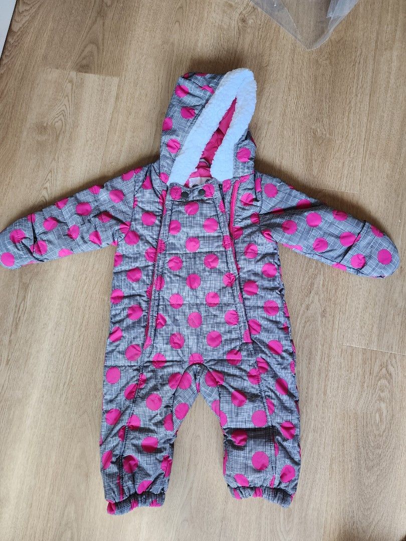 Baby Toddler Winter Suit (Category: Babies & Kids Fashion) located in Singapore. Submitted by hanamaki (Listing ID 1378944109, Image 1). Description: - Adorable baby toddler winter suit - Cozy hood with white faux fur trim - Vibrant pink interior - Grey exterior with pink polka dots - Easy zipper and snap closures - Keeps your little one warm and stylish.