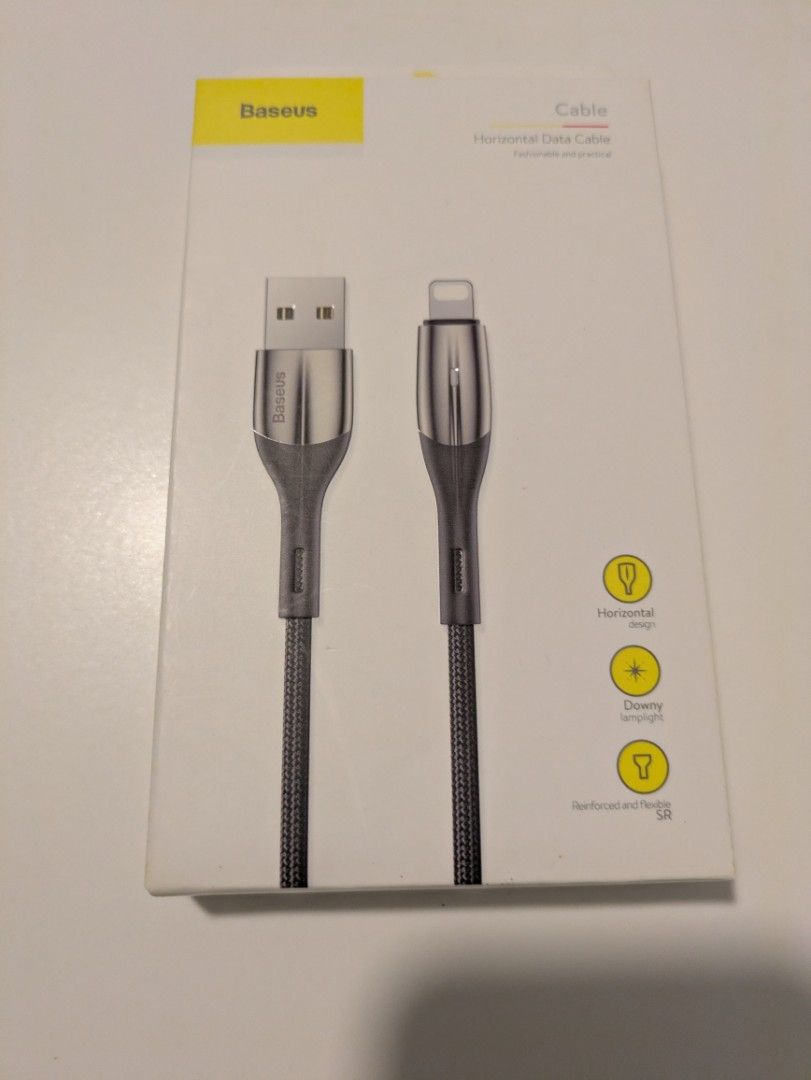 Baseus Horizontal Data Cable - Lightning (Category: Chargers & Cables) located in Singapore. Submitted by newhighscore (Listing ID 1379124767, Image 1). Description: - Brand new Baseus Lightning cable - Designed for Apple devices - Horizontal design - Durable - For charging and data transfer - Comes in original packaging.