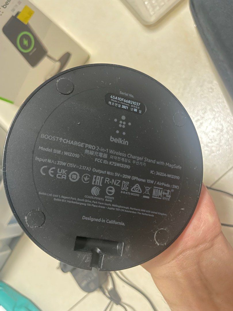 Belkin BOOST CHARGE PRO 2-in-1 Wireless Charger (Category: Chargers & Cables) located in Singapore. Submitted by giantdefyer (Listing ID 1379091980, Image 2). Description: Selling a Belkin BOOST↑CHARGE PRO 2-in-1 Wireless Charger Stand with MagSafe. Comes with the original box and receipt from iStudio. Purchased on 12 Feb 2022. Charger is in excellent condition. Supports iPhone 15W and AirPods 5W charging. Collection location: Anywhere near or be